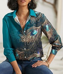 economico -Camicia da donna Base Neon  Luminosi Bottoni Stampa Maniche Lunghe Top Regolari Collo Camicia Casual Verde Primavera Autunno