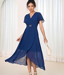 cheap -Women's Elegant Dress Midi Dress Chiffon Pleated Ruffle Party Elegant Crew Neck Sleeveless Dark Blue Color