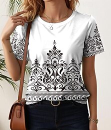 voordelige -Dames T-shirt Geometrisch Dagelijks Vakantie Bohemen Vintage Stijlvol Korte mouw Strakke ronde hals Wit Zomer