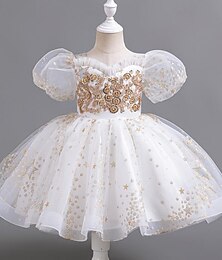 cheap -Kids Girls' Party Dress Floral Sequin Short Sleeve Wedding Special Occasion Sequins Zipper Puff Sleeve Adorable Sweet Cotton Polyester Knee-length Party Dress Summer Spring Fall 4-12 Years White Red