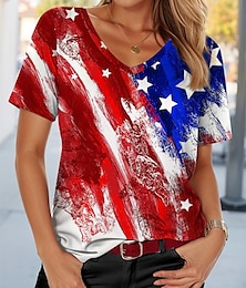 abordables -T-shirt patriote du jour de l'indépendance pour femmes drapeau américain décontracté rouge blanc et bleu manches courtes col en V hauts réguliers imprimé quotidien rouge été
