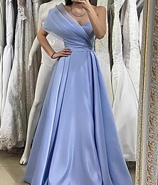 cheap -A-Line Evening Gown Elegant Dress Wedding Guest Prom Floor Length Sleeveless One Shoulder Pocket Satin with Bow(s) 2024