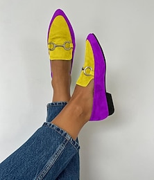 abordables -Mocasines de gamuza sintética para mujer en amarillo vibrante y morado: zapatos planos sin cordones con punta puntiaguda y detalle de hebilla metálica para un estilo casual elegante