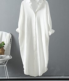 economico -Per donna Vestito bianco Abito chemisier Abito in cotone e lino Vestito longuette Ufficio Da mare Lino Essenziale Informale Colletto Pulsante Manica lunga Estate Primavera Morbido Liscio