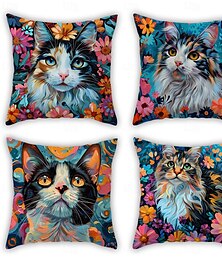 preiswerte -Dekorativer Kissenbezug mit Blumen- und Katzenmotiv, 4-teilig, weicher, quadratischer Kissenbezug für Schlafzimmer, Wohnzimmer, Sofa, Couch, Stuhl