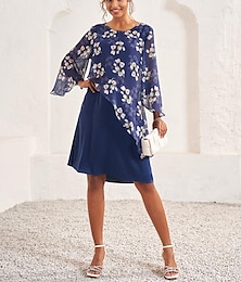 economico -abito da sposa da donna vestito a trapezio elegante abito midi floreale chiffon manica svasata scollo rotondo patchwork vestibilità regolare da sposa da cocktail party blu estivo