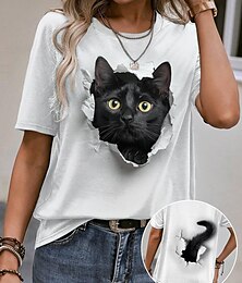 billige -Dame T skjorte 3D cat Dyr Trykt mønster Daglig Helg Mote Kortermet Rund hals Hvit Sommer