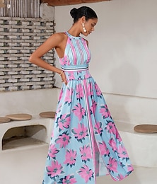 abordables -Femmes Robe à col licou Robe Imprimée Robe maxi Jaune Bleu Sans manches Fleurs / Plantes Taille Élastique Impression Dos attaché Été Col Halter Vacances XS S M