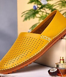 economico -mocassini slip-on da uomo in pelle traforata gialla con dettagli cuciti a mano - scarpe da guida casual traspiranti per l'estate