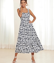voordelige -Dames Chiffon A lijn jurk Bloemig Afdrukken Bandje Maxi-jurk Hawaii Vakantie Mouwloos Zomer