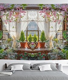 זול -פנטזיה חלון פרחים תלוי שטיח קיר אמנות שטיח קיר גדול תפאורה צילום רקע שמיכה וילון בית חדר שינה קישוט סלון