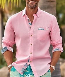 ieftine -Bărbați Cămașă cămașă de in Camașă cu nasturi Cămașă de vară Cămașă de plajă Negru Alb Roz Îmbujorat Manșon Lung Simplu Guler Primavara vara Casual Zilnic Îmbrăcăminte