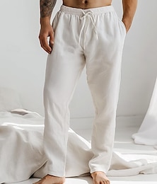 cheap -Men's Linen Pants Trousers Summer Pants Drawstring Elastic Waist Plain Comfort Breathable Full Length Daily Beach Fashion Simple White Blue Micro-elastic