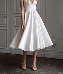 cheap -A-Line Cocktail Dresses Graduation Dress Elegant Wedding Guest Dress Tea Length Sleeveless V Neck Satin V Back 2024