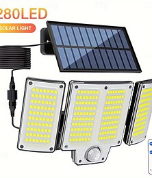 abordables -Foco solar shustar-280 led para exteriores con sensor de movimiento, luz de seguridad solar con control remoto, 3 modos, 3 cabezales y cable de extensión para patio, garaje y porche.