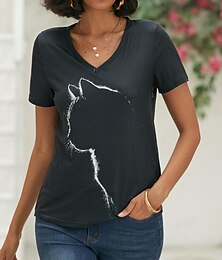 お買い得  -女性用 Tシャツ ブラック グラフィック 猫 プリント 半袖 日常 週末 ベーシック Ｖネック レギュラー 3D猫 S