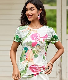 cheap -Women's T shirt Tee Floral Print Vacation Weekend Casual Short Sleeve Crew Neck White Summer