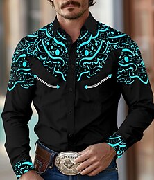 economico -Per uomo Camicia Camicia occidentale Camicia da cowboy Manica lunga Vintage stile western Esterno Strada Casual / quotidiano Autunno inverno Collo ripiegabile Bottoni Stampa Nero