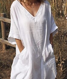 ieftine -Pentru femei Negru Alb Roșu-aprins Vară Primăvară Rochii Midi Rochii inspirate din in Rochie albă Rochii Tip Cămașă De Bază Modern Zilnic Sfârșit de săptămână Potrivire Largă Simplu În V