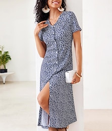 Χαμηλού Κόστους -Γυναικεία Φορέματα σιφόν Φλοράλ Κουμπί Σκίσιμο Λαιμόκοψη V Ριχτά μανίκια Μίντι φόρεμα Καθημερινό Κοντομάνικο Καλοκαίρι Άνοιξη