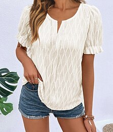 preiswerte -Damen Spitzen-T-Shirt Glatt Täglich Urlaub Spitze Puffärmel Weiß Kurzarm Modisch V Ausschnitt Sommer