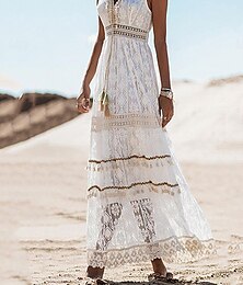 economico -Per donna Abito Lungo Maxi Abito Abito maxi Abito Bianco Abiti Boho Chic Abito Boho Bohemien Matrimonio Vacanza Data Vestibilità regolare Senza Maniche Scollo a V Bianco Albicocca Estate