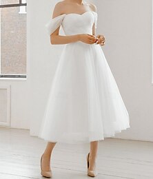 olcso -egy vonalú esküvői ruhák ballagási ruha váll nélkül ujjatlan teahosszúságú sifon menyasszonyi ruhák, 2024-es