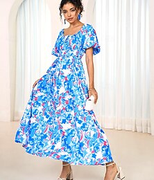 halpa -naisten sifonki mekko kukkainen rypytetty maxi mekko u kaula olkapäältä puhvihiha havaijilainen rento treffi kesä