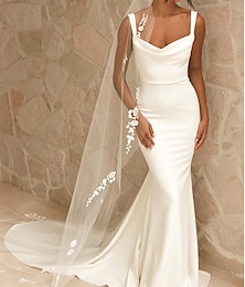 economico -Abiti da sposa abito da sposa in spiaggia abito sagomato canottiera spalline corte treno cortissimo in raso con perline tinta unita