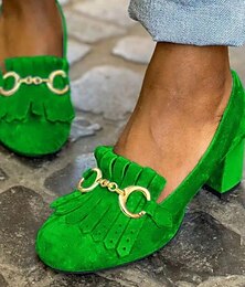 abordables -mocassins vintage en daim vert pour femmes avec boucle dorée et détails à franges - chaussures à talon bloc pour occasions formelles et décontractées