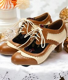 abordables -Zapatos oxford vintage con cordones y tacones brogue para mujer: zapatos de estilo retro de dos tonos con elegante plantilla floral y tacón de gatito para ocasiones formales e informales