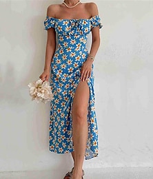 cheap -Women's Casual Dress A Line Dress Floral Split Print Square Neck Midi Dress Stylish Daily Vacation Short Sleeve Summer