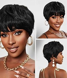cheap -Short Black Layered Wavy Wigs for Women 1B Color Human Hair Short Wigs Pixie Cut Wigs with Bangs