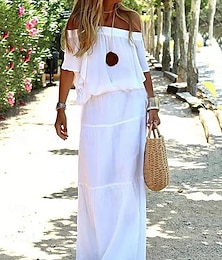economico -Per donna Abito maxi Abiti ispirati al lino Abito Bianco Vestito Casual Abito Estivo Streetwear Abito Maxi Casual Vacanza Streetwear Ferie Vestibilità regolare Mezza Manica Senza Spalle Nero Bianco