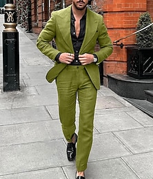 cheap -pea green Coffee Men's Wedding Linen Linen Suits Solid Colored 2 Piece Tailored Fit Single Breasted One-button 2024
