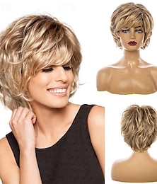 ieftine -peruci scurte blonde pentru femei albe peruci sintetice integrale, pufoase, ondulate, stratificate