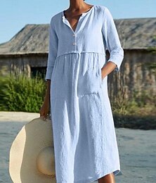 economico -Per donna Nero Rosa Vino Estate Primavera Abito Midi Abiti ispirati al lino Abito Camicia Vestito Casual Essenziale Moderno Quotidiano Weekend Vestibilità comoda Semplice Scollo a V