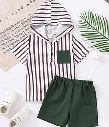 cheap -2 Pieces Toddler Boys T-shirt & Shorts Outfit Stripe Short Sleeve Pocket Set School Fashion Daily Summer 3-7 Years Green