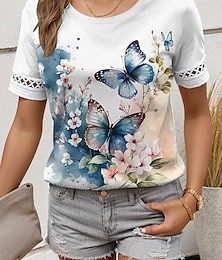 ieftine -Pentru femei Tricou Floral Fluture Dantelă Imprimeu Zilnic Manșon scurt Stil Nautic Alb Vară