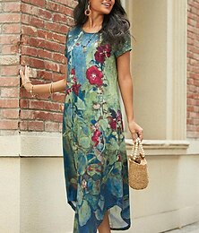 olcso -női műszakos ruha maxi hosszú ruha zöld kék szürke sötétkék rövid ujjú virágos zsebmintás tavaszi nyár nyakkivágás alkalmi 2023 s m l xl xxl xxxl