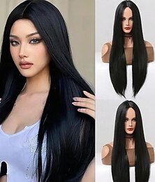 baratos -Perucas sintéticas Liso Parte do meio Peruca 28 polegadas Preto Cabelo Sintético Mulheres Preta