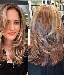 abordables -Perruque longue en couches blonde, perruque de cheveux ondulés naturels de 40,6 cm pour femme, usage quotidien, fête, perruque de remplacement de cheveux synthétiques (40,6 cm, marron mélangé blond #)