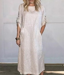economico -Per donna Nero Bianco Rosso Estate Primavera Abito maxi Abito Bianco Abiti in cotone e lino Abito a Tubino Essenziale Moderno Quotidiano Weekend Vestibilità comoda Semplice Girocollo