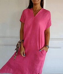 abordables -Mujer Negro Rojo Verde Trébol Verano Primavera Vestido Midi Vestidos inspirados en el lino Vestido informal Básico Moderno Casual Diario Fin de semana Holgado Plano Escote en Pico
