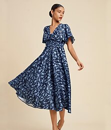 preiswerte -Damen Schwingkleid Druckkleid Midi-Kleid Midikleid Blau Kurze Ärmel Blumen / Pflanzen Kordelzug Drucken Gesmokte Taillenbund Frühling & Sommer V Ausschnitt elegante kleider S M L