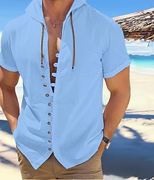 voordelige -Voor heren Overhemd linnen overhemd Zomer overhemd Strand hemd Hawaiiaans overhemd Zwart Wit blauw Korte mouw Effen Kleur Capuchon Lente zomer Straat Dagelijks Kleding nappi