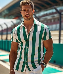 ieftine -cămașă casual pentru bărbați în dungi casual mod confortabil sport casual și în aer liber stradal cauzal de vară turndown cu mânecă scurtă cămașă din țesătură de viscoză verde