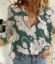 economico -Per donna Camicia Camicie di cotone e lino Abbottonare Blusa Floreale Casual Manica Lunga Colletto a Camicia Top Regolari Vacanza Quotidiano Bottoni Stampato Nero Blu Verde Primavera & Estate