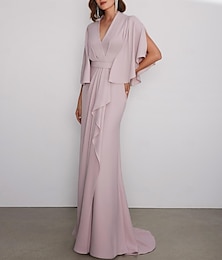 olcso -oszlop estélyi ruha elegáns rózsaszín esküvői vendégruha formális földig érő rövid ujjú v nyakú sztreccs krepp 2024-es