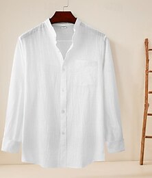 お買い得  -Men's Shirt Linen Shirt Cotton Linen Shirt Casual Shirt White Navy Blue Khaki Long Sleeve Plain Band Collar Spring &  Fall Hawaiian Holiday Clothing Apparel Pocket